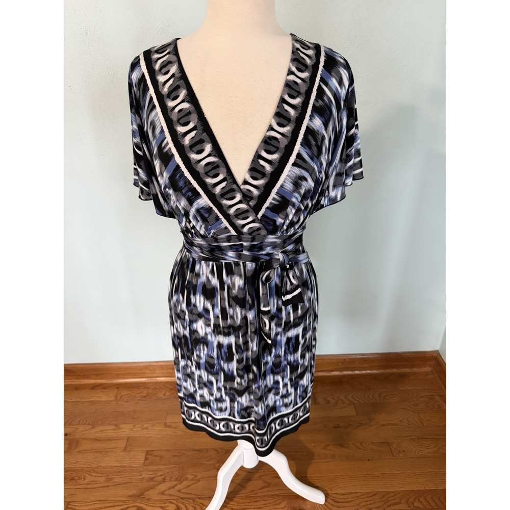Lily Abstract Art Print Blue Black White Dress Drape Sleeves‎ Tie Waist Sz PM